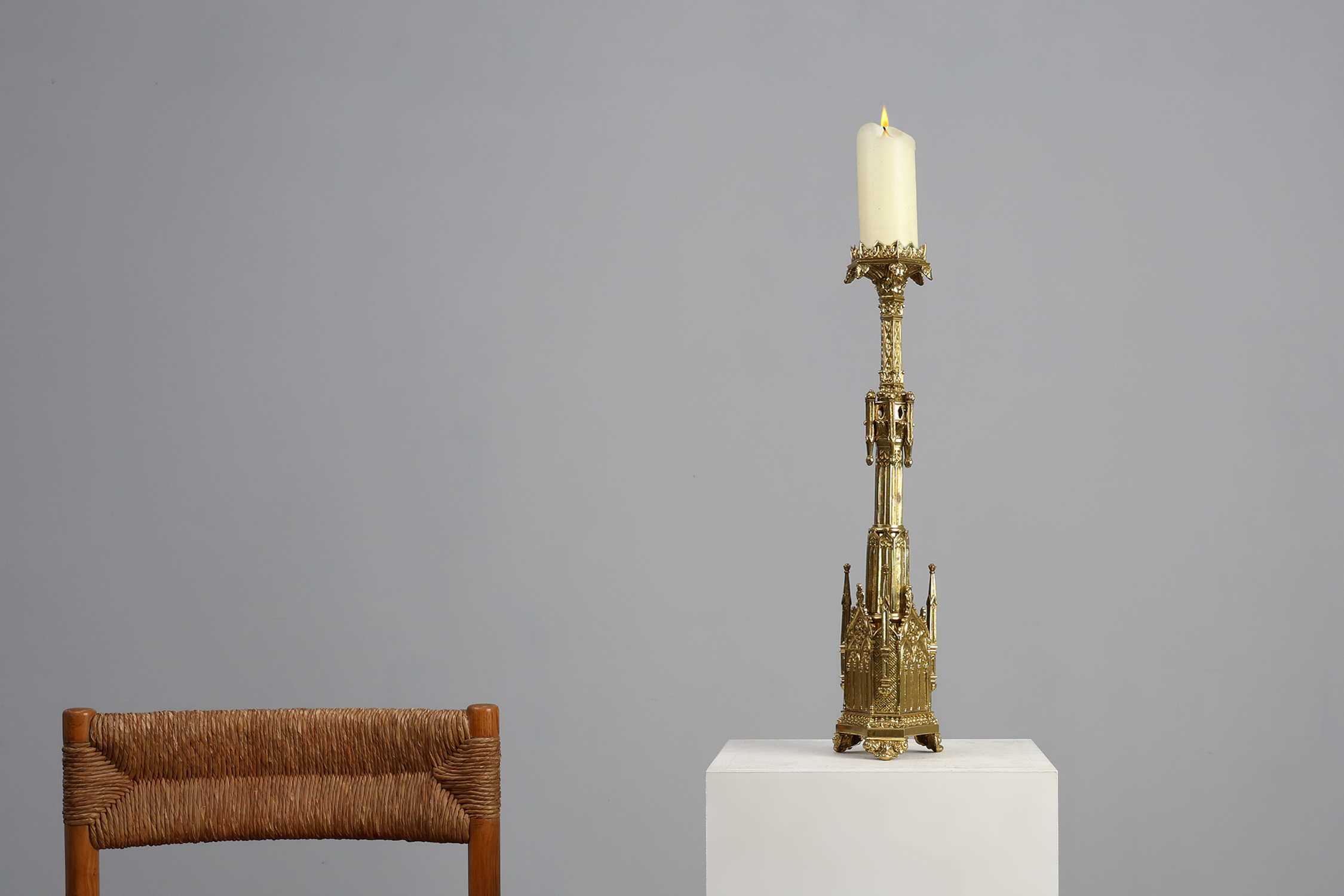 Neo‑Gothic Copper Church Candleholder Stamped &ldquo;LL A Paris&rdquo;, France ca. 1880thumbnail